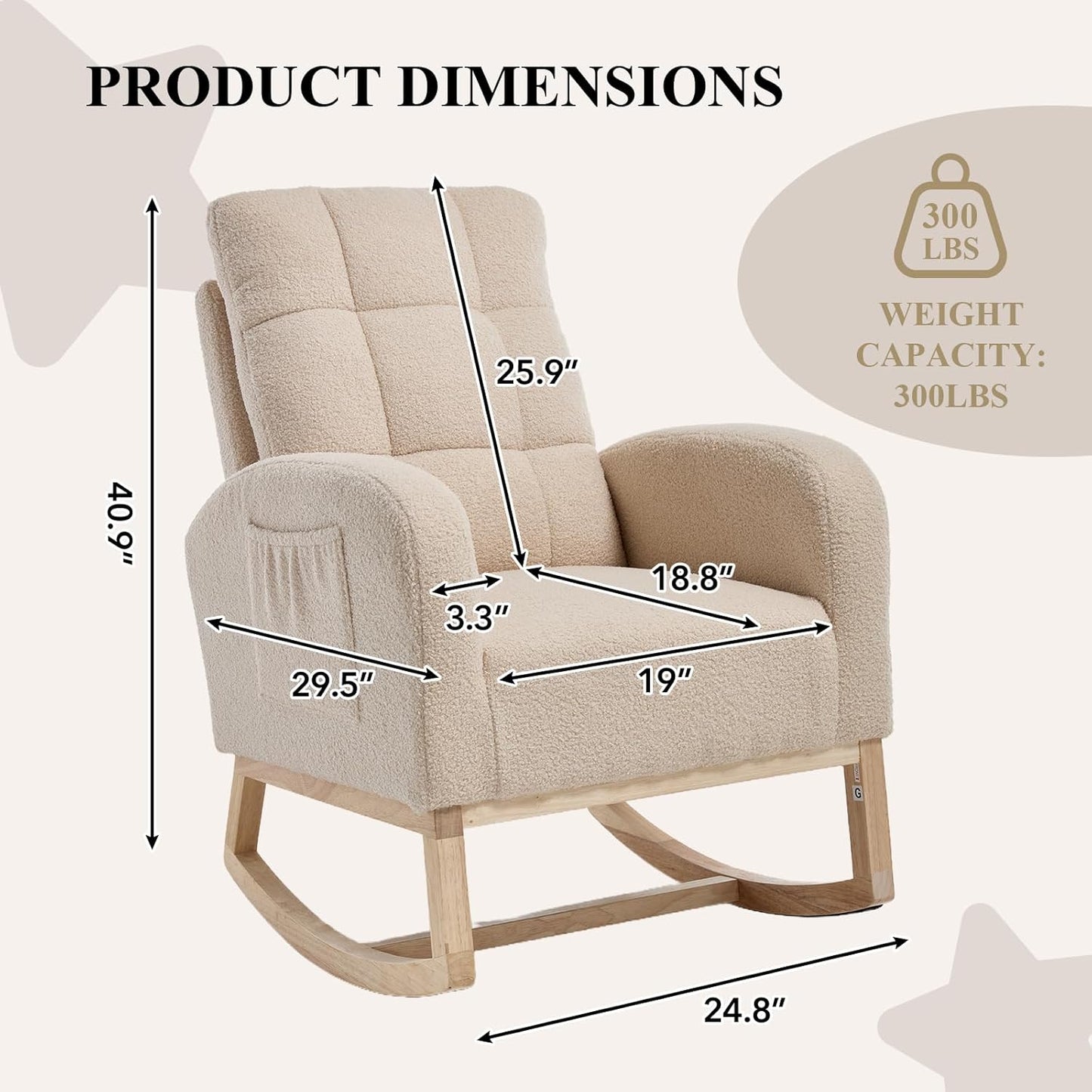Nursery Rocking Chair, Teddy Upholstered Glider Chair with Side Pocket, Glider Rocker Chair with Tufted Back, Comfy Accent Nursing Chair for Living Room (Beige Retro)