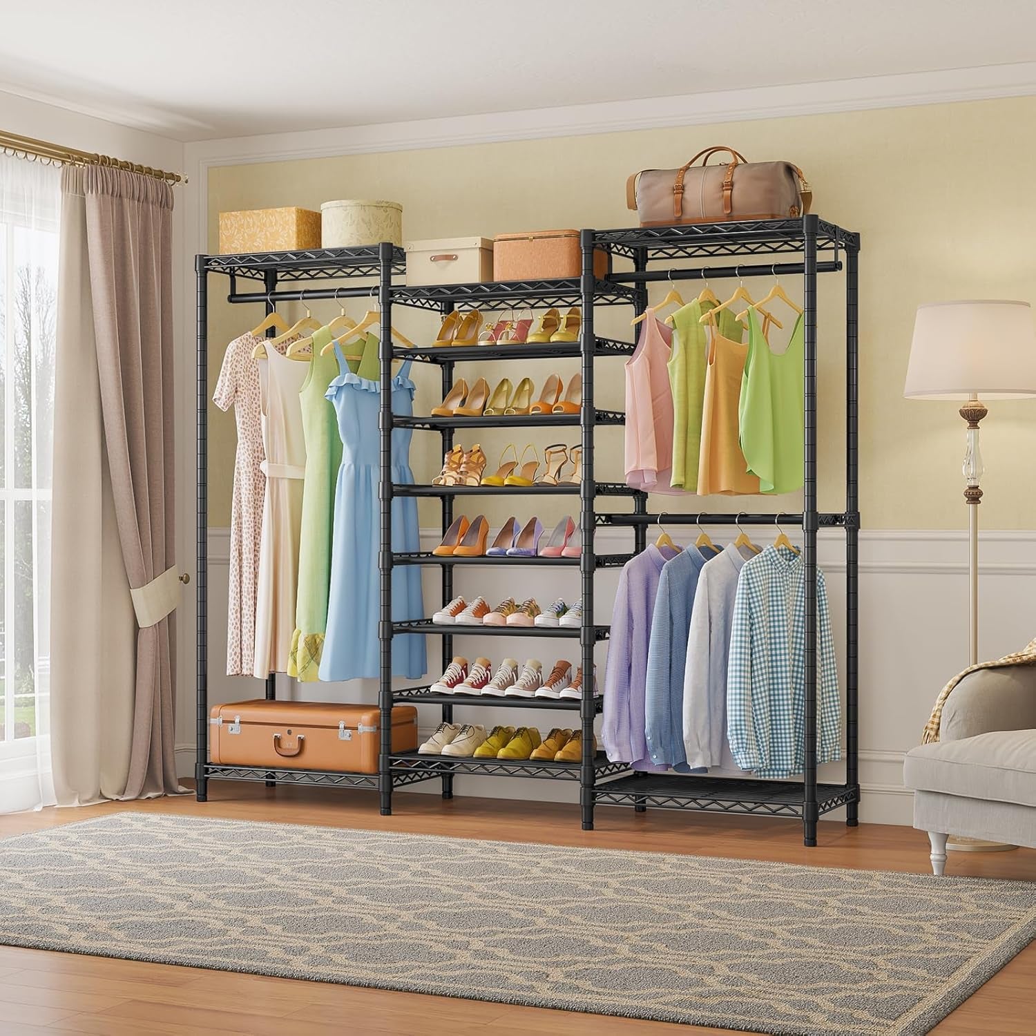 S3C Heavy Duty Portable Closet with Adjustable Shoe Rack Wire Shelf, Large Wardrobe Organizer for Bedroom Storage, Freestanding Clothes Rack with Hanging Rod, Custom Black Rack with Black Cover