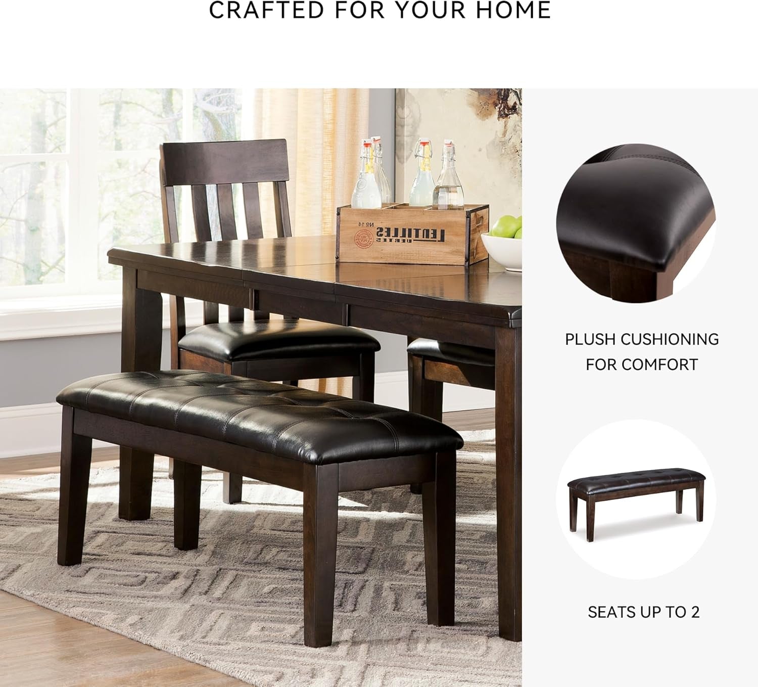 Haddigan Traditional Upholstered Dining Room Bench, Dark Brown