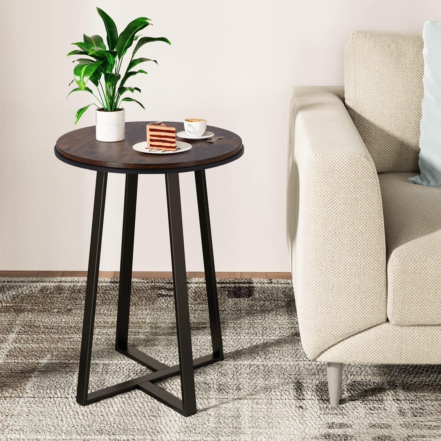 Side Table, round End Table Vintage Brown Color MDF Top, Modern Coffee End Table for Living Room, Bedroom, Nightstand with Black Steel Frame for Small Spaces
