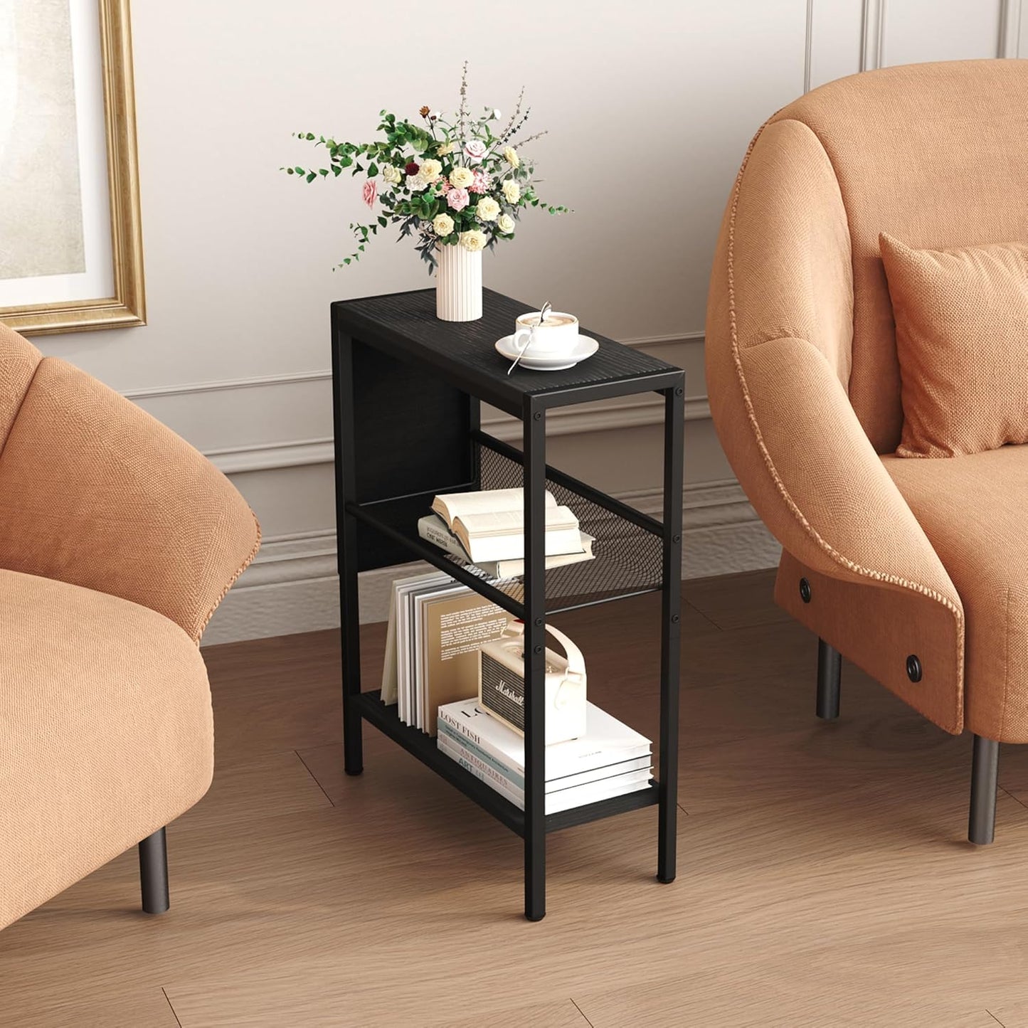 Small Narrow Side Table for Small Spaces, Slim End Table with Storage Bag, Sofa Snack Table with Adjustable Metal Mesh, 3 Tier Accent Skinny beside Table for Living Room & Bedroom, Black Oak