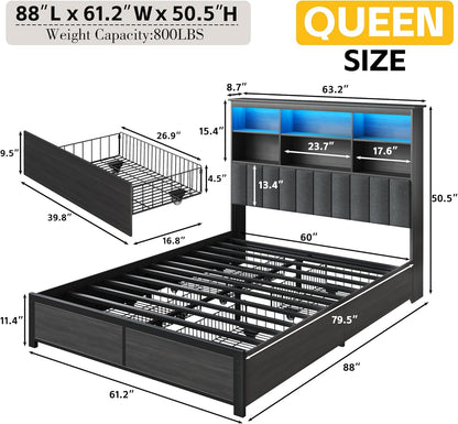 Queen Bed Frame with Headboard, Queen Bed Frame with High Storage Bookcase Headboard, 4 Storage Drawers & Charging Station, No Box Spring Needed/Noise Free/All-Metal Support, Rustic Grey