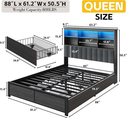 Queen Bed Frame with Headboard, Queen Bed Frame with High Storage Bookcase Headboard, 4 Storage Drawers & Charging Station, No Box Spring Needed/Noise Free/All-Metal Support, Rustic Grey