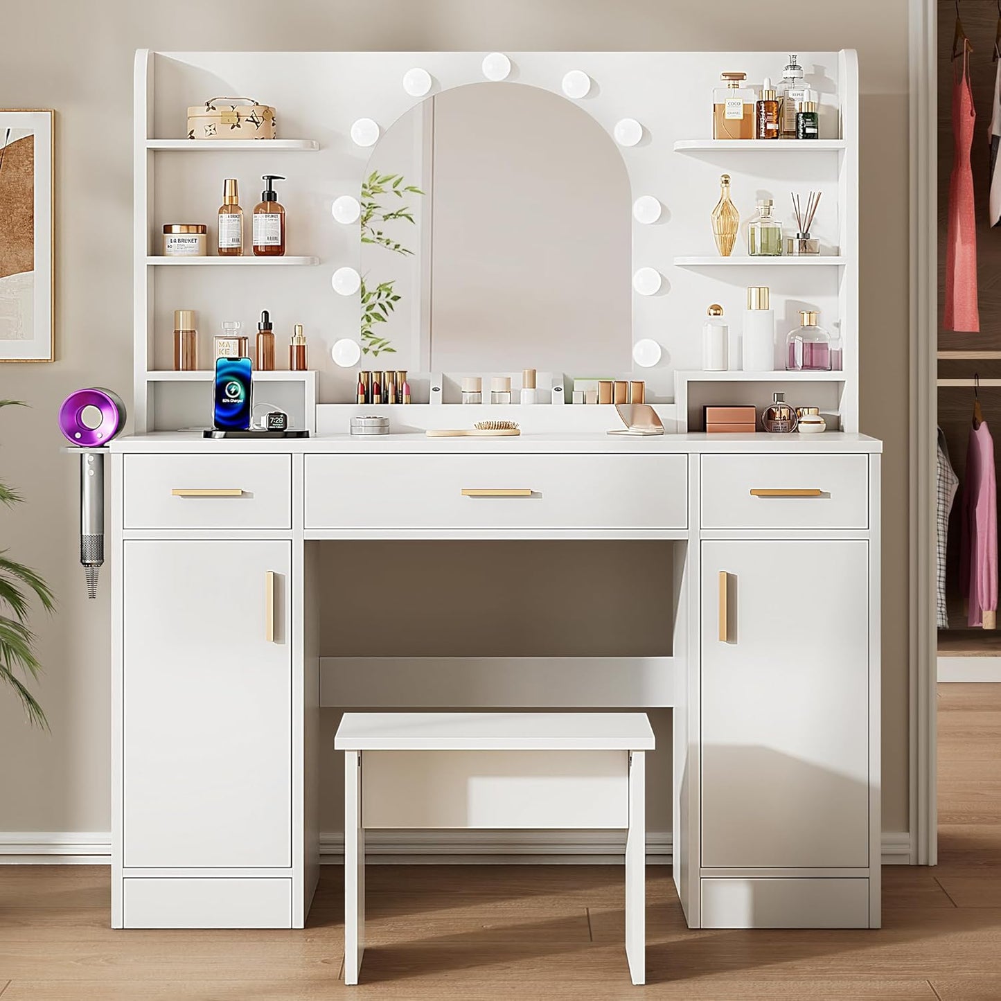 Vanity Desk with Mirror and 11 LED Lights, 43'' Makeup Vanity Table with Power Outlet & Chair, Dressing Table with 3 Drawers, 2 Cabinets and 6 Open Shelfs for Bedroom, White