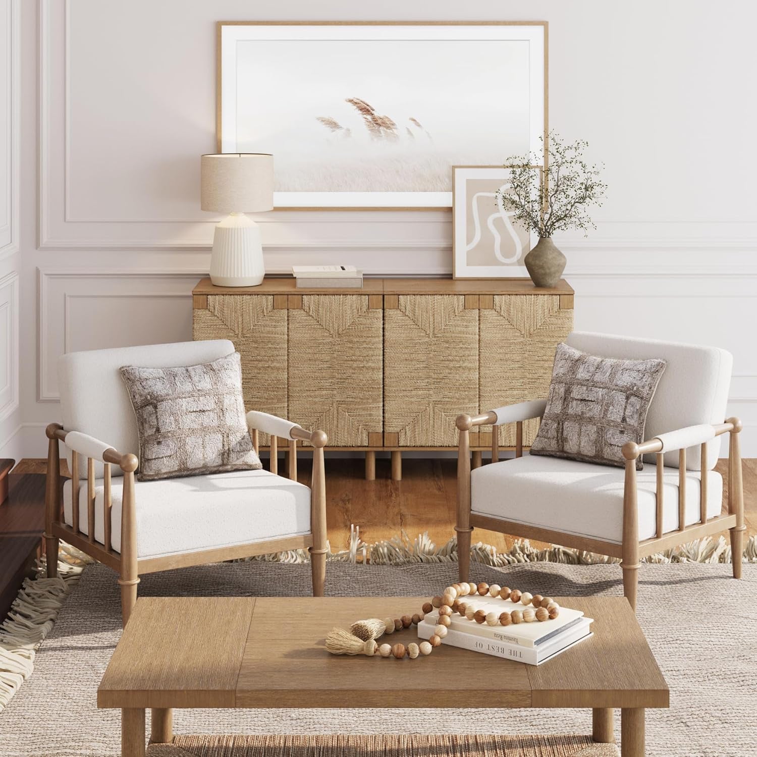 Spencer Boucle Accent Chair, Bohemian Armchair with Solid Wood Frame and Upholstered Foam Cushion, Cream/Light Brown