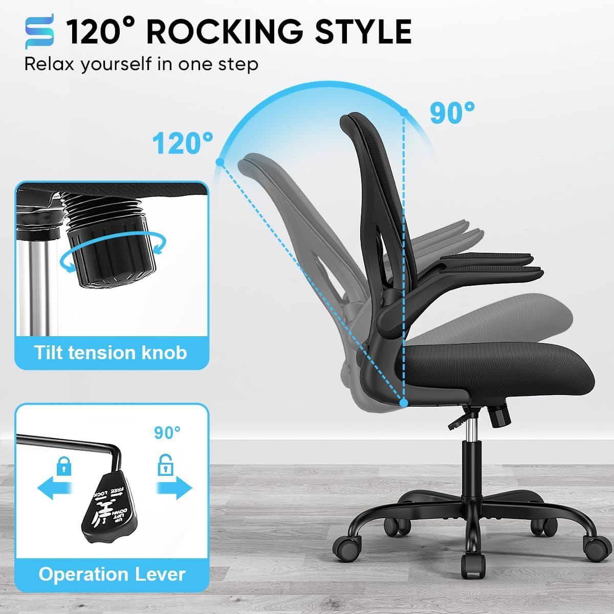 Ergonomic Desk Chair with Padded Flip up Arms and Supportive Lumbar Support, Breathable Mesh Home Office Chair with Comfortable Cushion for Home or Office(Black)