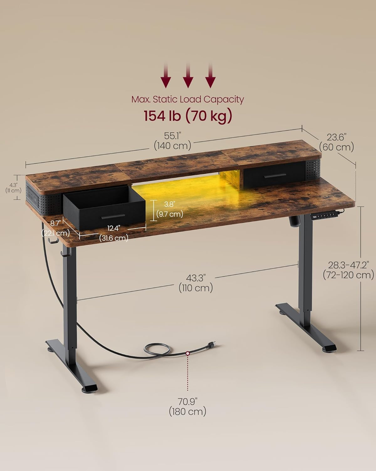 Electric Standing Desk with Drawers, 55.1 X 23.6 Inches, Sit Stand Desk with Power Outlet and LED Lights, Adjustable Height, Storage Shelf, 3 Memory Buttons, for Home Office, Rustic Brown
