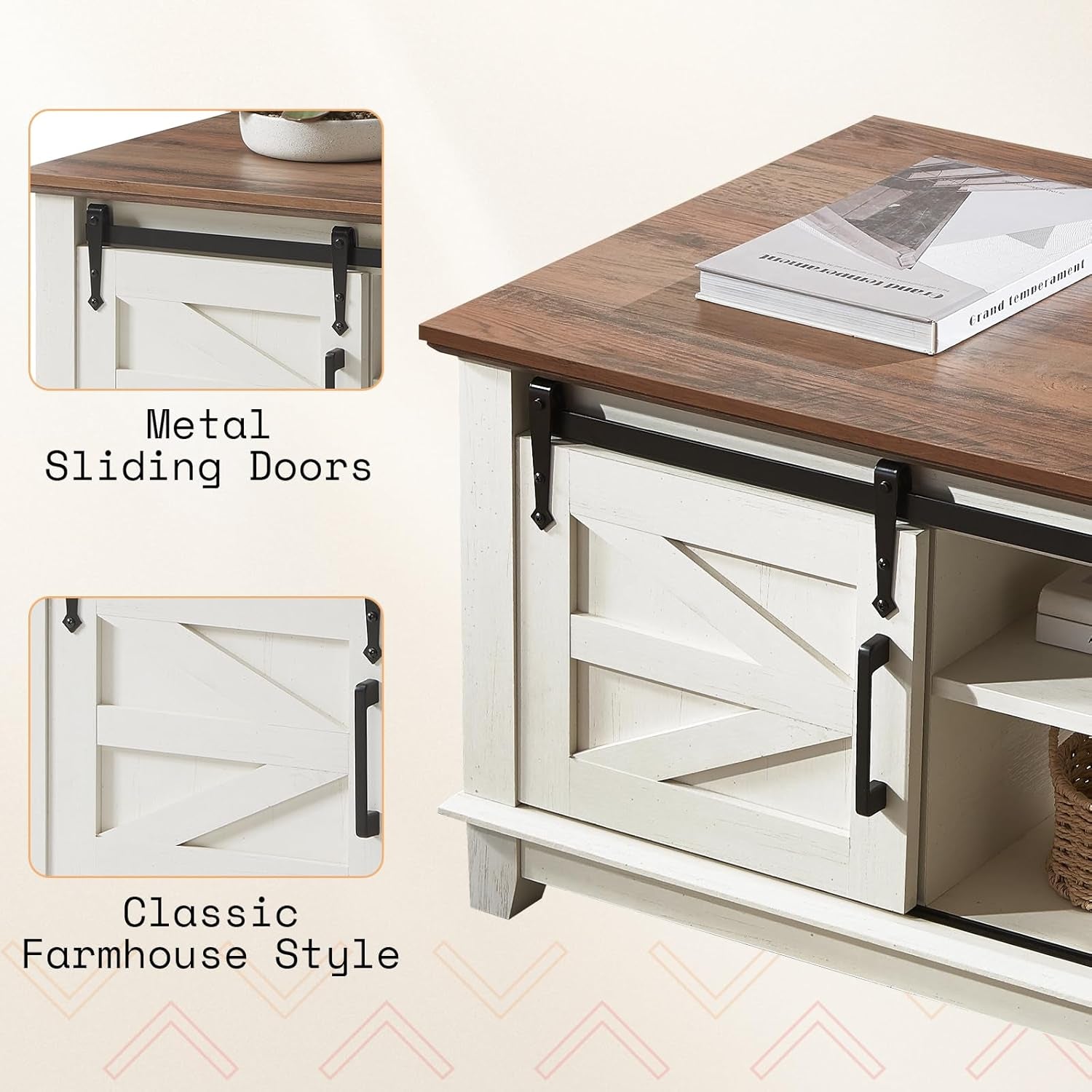 Farmhouse Coffee Table with Sliding Barn Doors & Storage Cabinet for Living Room, 48" Modern Center Table, Adjustable Shelves, Rustic White
