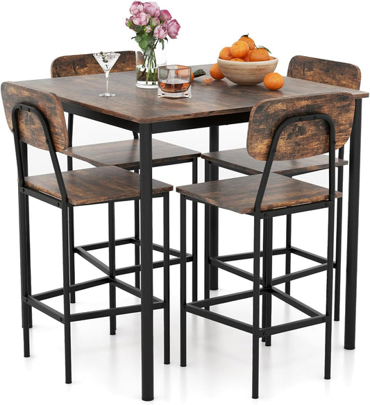 5-Piece Dining Table Set W/Counter Height Table & 4 Bar Stools, Industrial Kitchen Dining Set W/Footrest & Backrest, Space-Saving Dinette Set for Pub, Dining Room, Restaurant (Mix Brown)