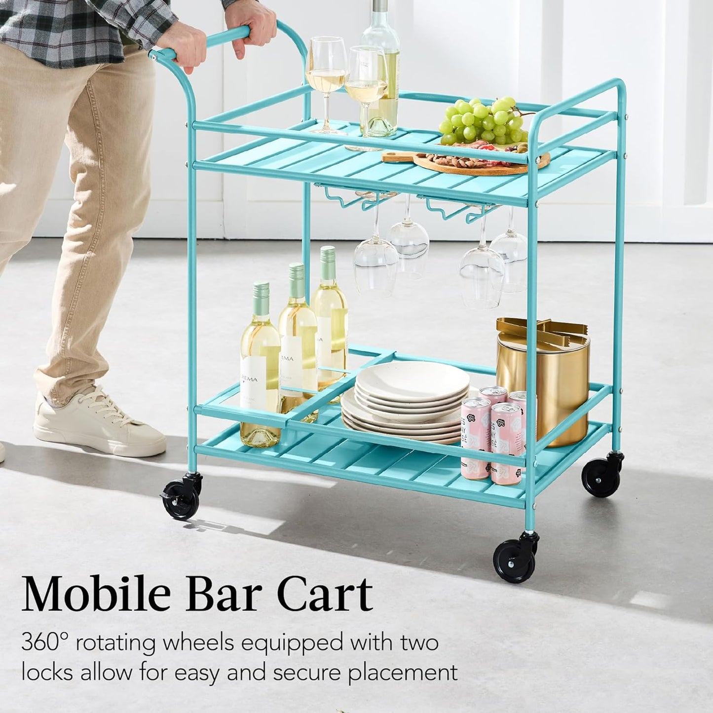 Rolling Bar Cart, Mobile Home Bar Serving Cart, Serving Station W/ 2 Tier Shelves, Wine Rack, Lockable Wheels - Teal