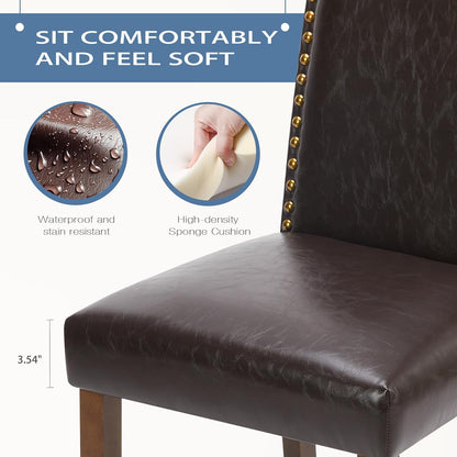 Upholstered Dining Chairs，Set of 2 PU Leather Dining Room Kitchen Chair with Nailhead Trim and Wood Legs, Modern Side Chairs for Living Room-Brown