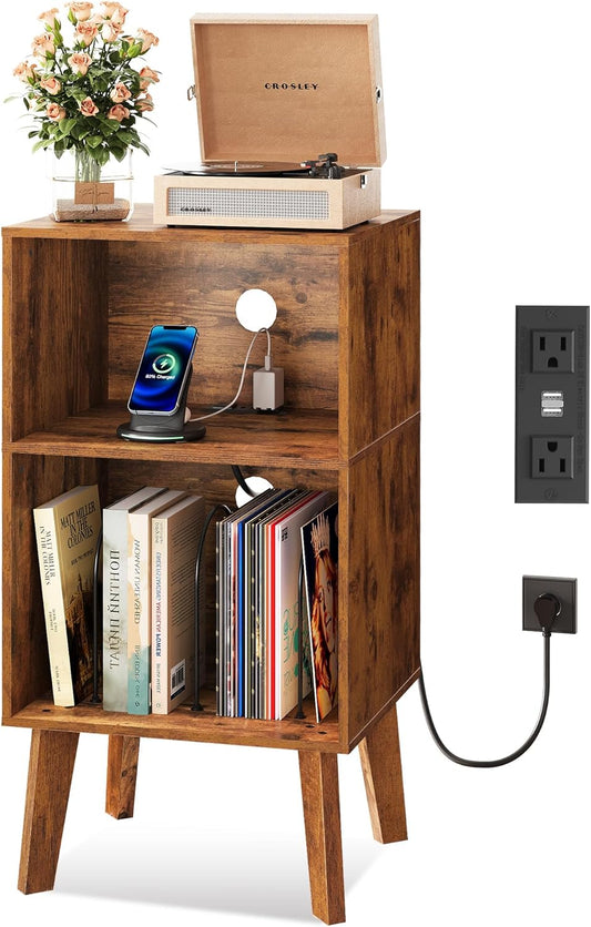 Record Player Stand, Modern Nightstand with Storage, Small Space Bedside Table, End Table for Bedroom & Living Room, Mid Century Night Stand, Rustic Brown