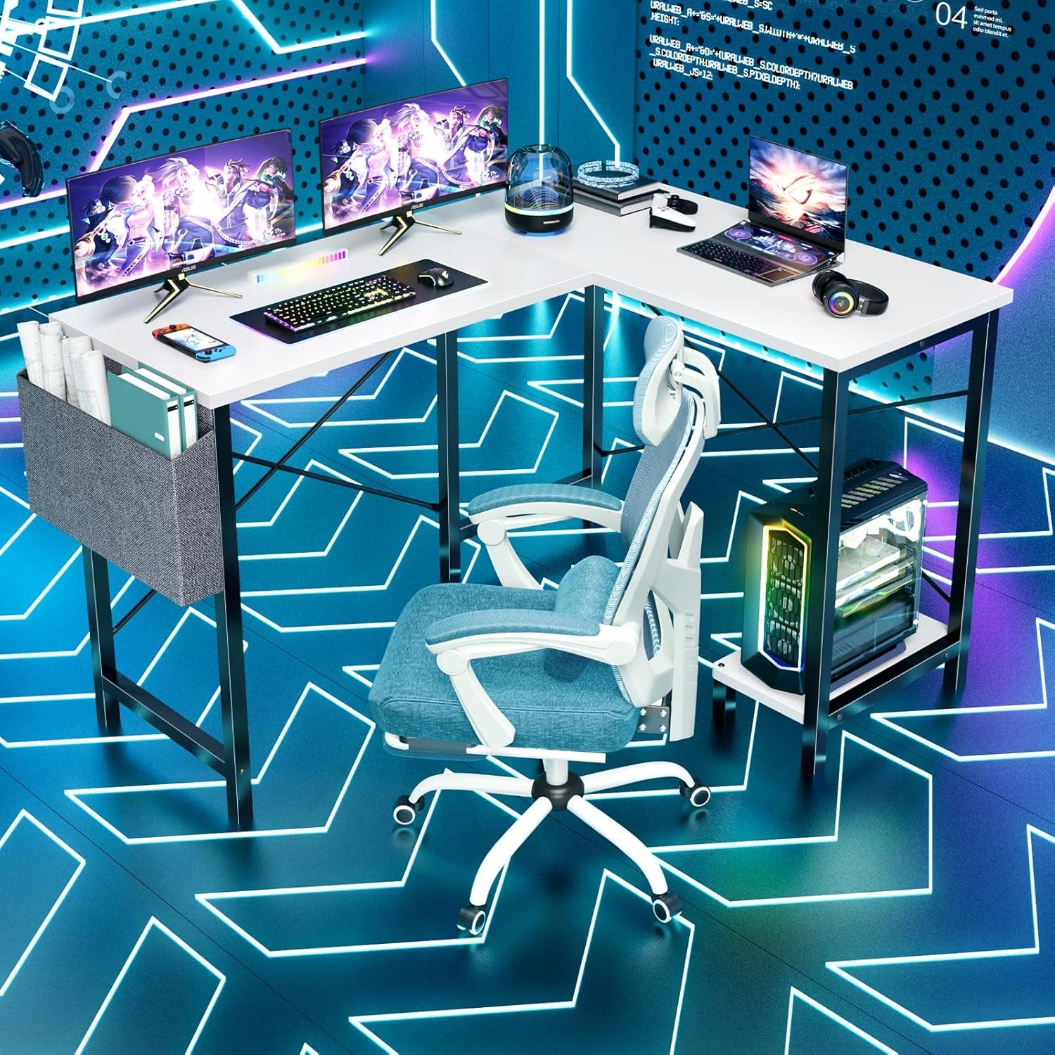 L Shaped Desk Computer Gaming Corner Table 50 Inch Home Office Writing Student Work PC Workstation with Side Storage Bag CPU Stand Modern for Bedroom Small Spaces