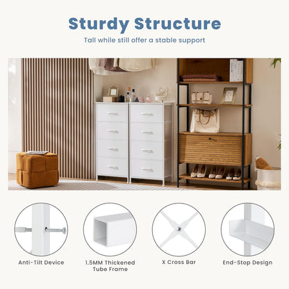 Nightstand with 4 Drawers Bedside Table with Removable Fabric Bins Sturdy Steel Frame Wood Top Organizer Furniture for Bedroom Closet Living Room