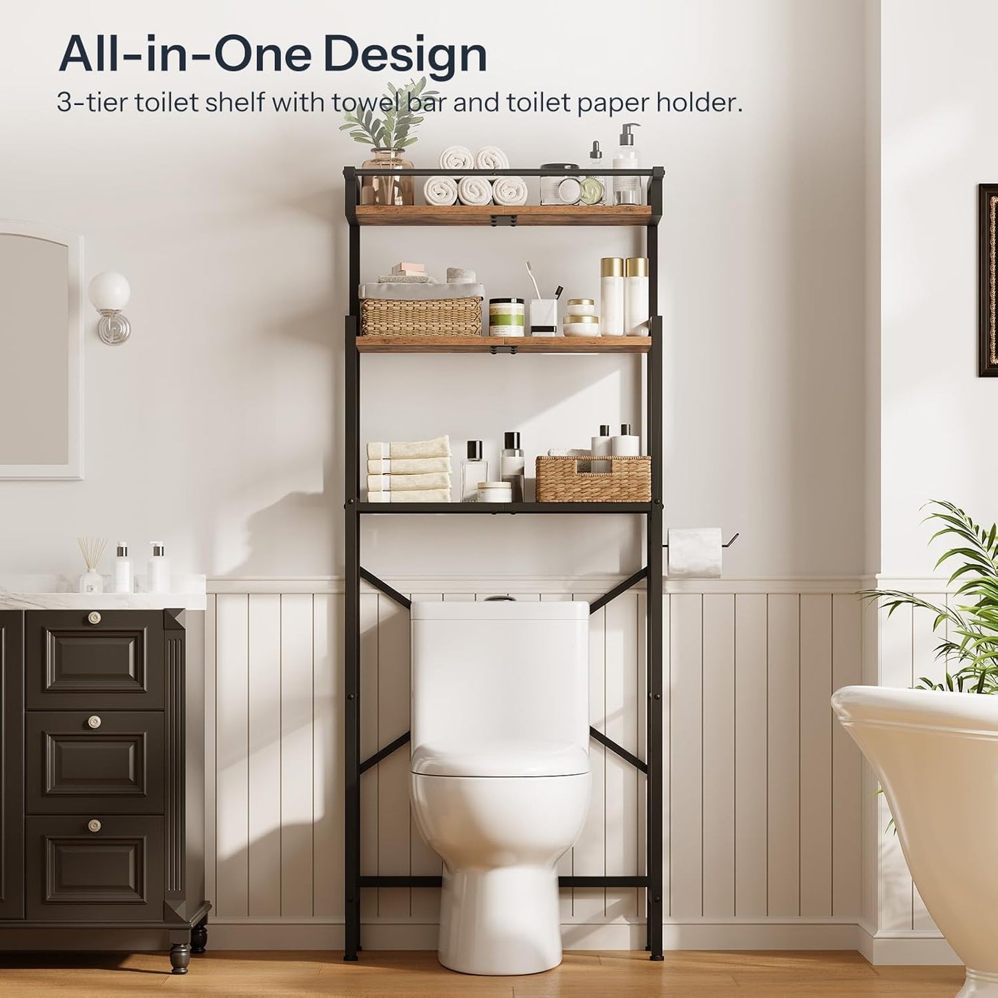 Over-The-Toilet Storage Rack, 3-Tier Bathroom Shelves above Toilet, Bathroom Organizer with Toilet Paper Hook, Laundry Room, Space Saver, Rustic Brown and Black BF21TS01