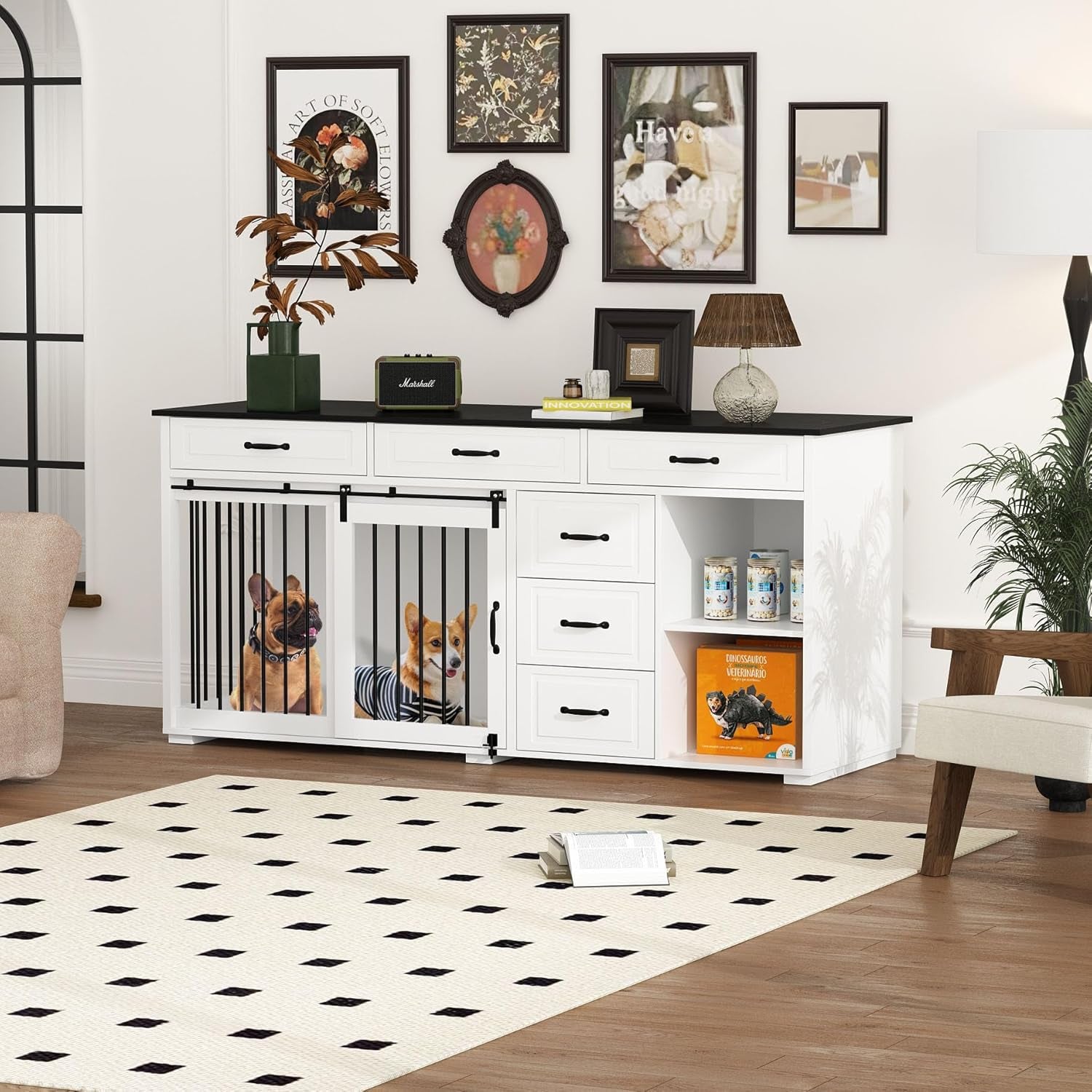 Extra Large Funiture Style Dog Crate with Drawers & Shelves, 67" Luxury Wooden Heavy Duty Single Room Dog Kennel Furniture W/Sliding Door, Indoor Dog House TV Stand, White