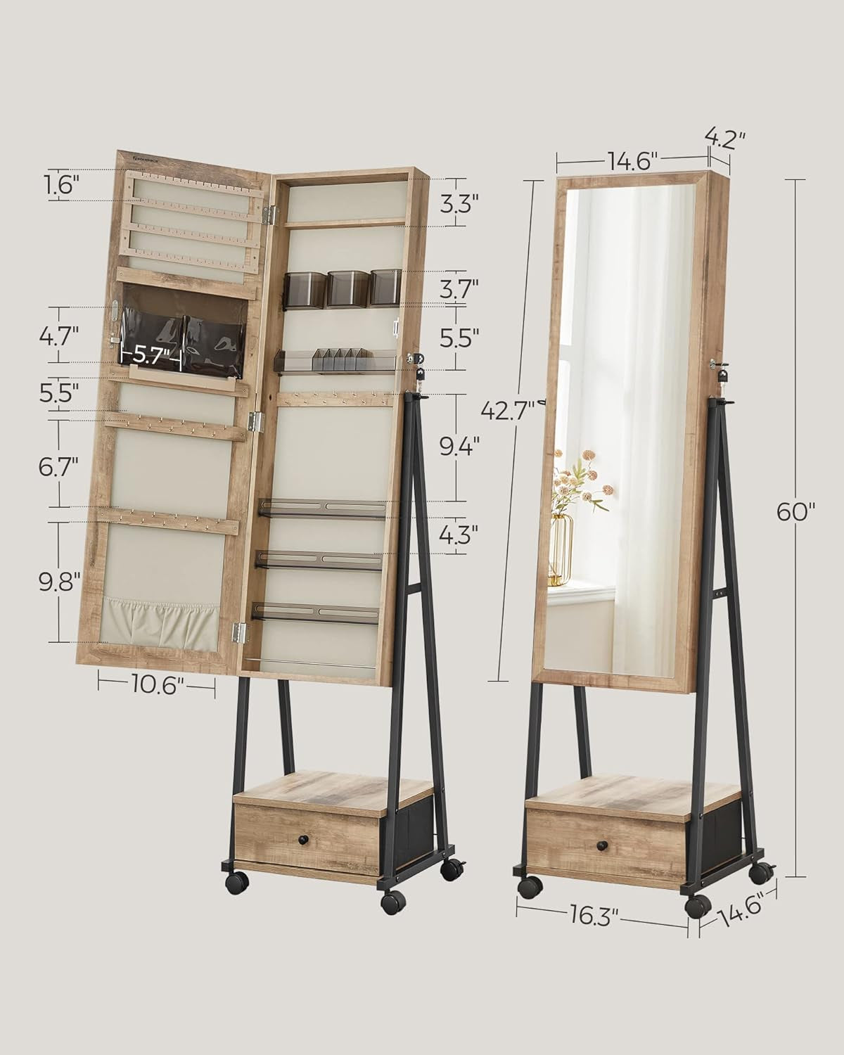Jewelry Cabinet Floor Standing, Lockable Jewelry Organizer with High Full-Length Mirror, Bottom Drawer, Shelf, Wheels, Jewelry Armoire, Gift Idea, Toasted Oak Color and Black UJJC004N01
