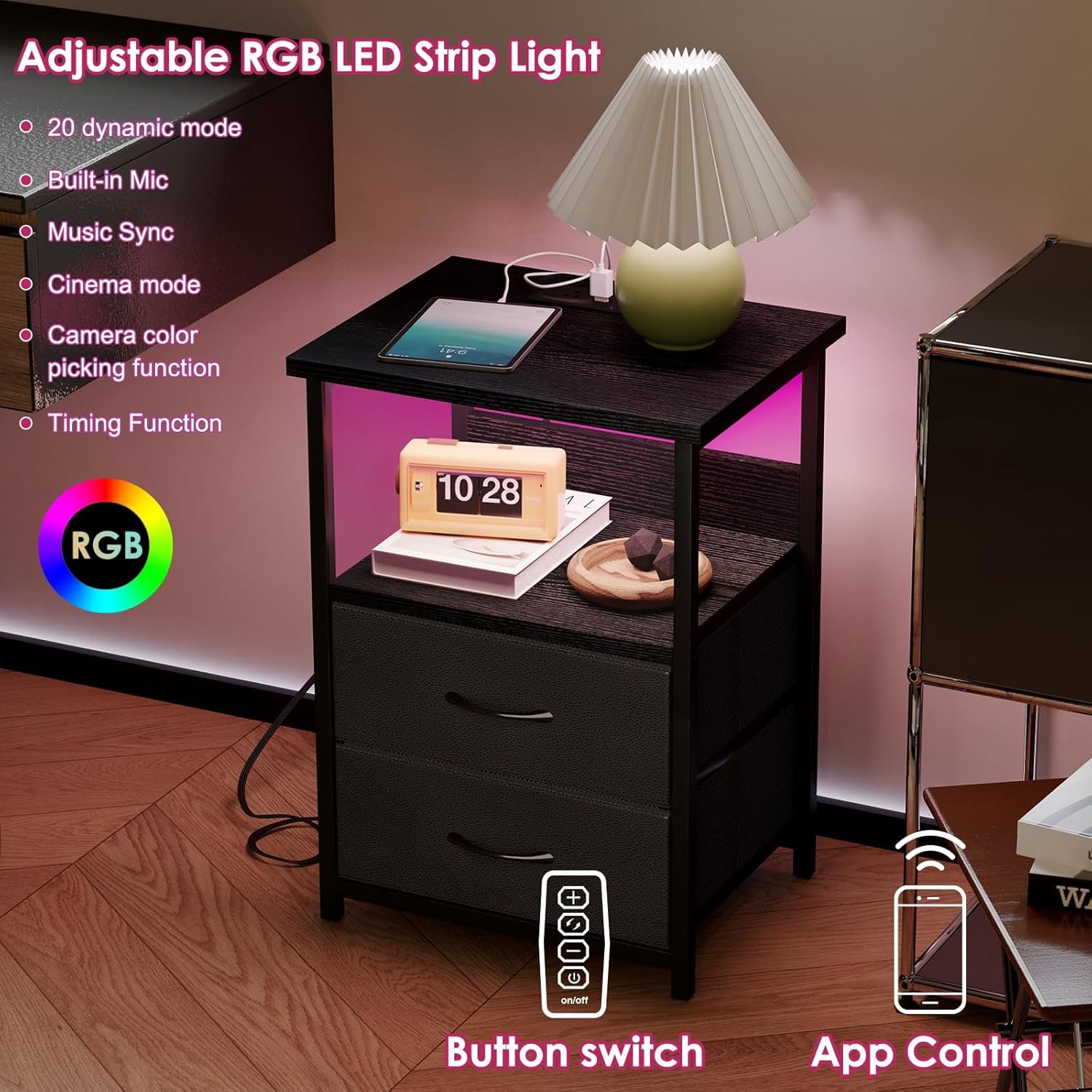 Night Stand with Charging Station, LED Nightstand with U-S-B Ports and Outlets, 2 Fabric Storage Drawers with PU Finish, Small Bedside Table, Black