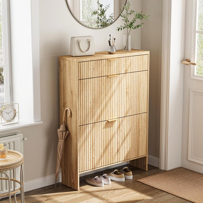 Fluted Shoe Cabinet Storage with 2 Flip Drawers & 1 Drawers, Wood Narrow Hidden Shoe Cabinet with Adjustable Shelf for Entryway, Freestanding Slim Shoe Rack Organizer for Foyer Hallway Living Room