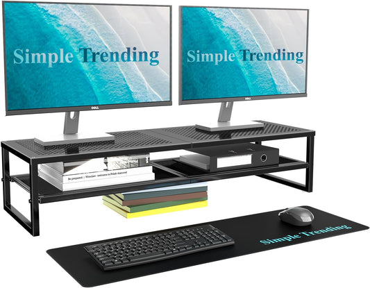 2 Tier Metal Dual Monitor Stand Riser,Computer Office Desktop Organizer for 2 Monitors with 32"X10" Mouse Pad ,For Laptop,Printer,Tv,Black