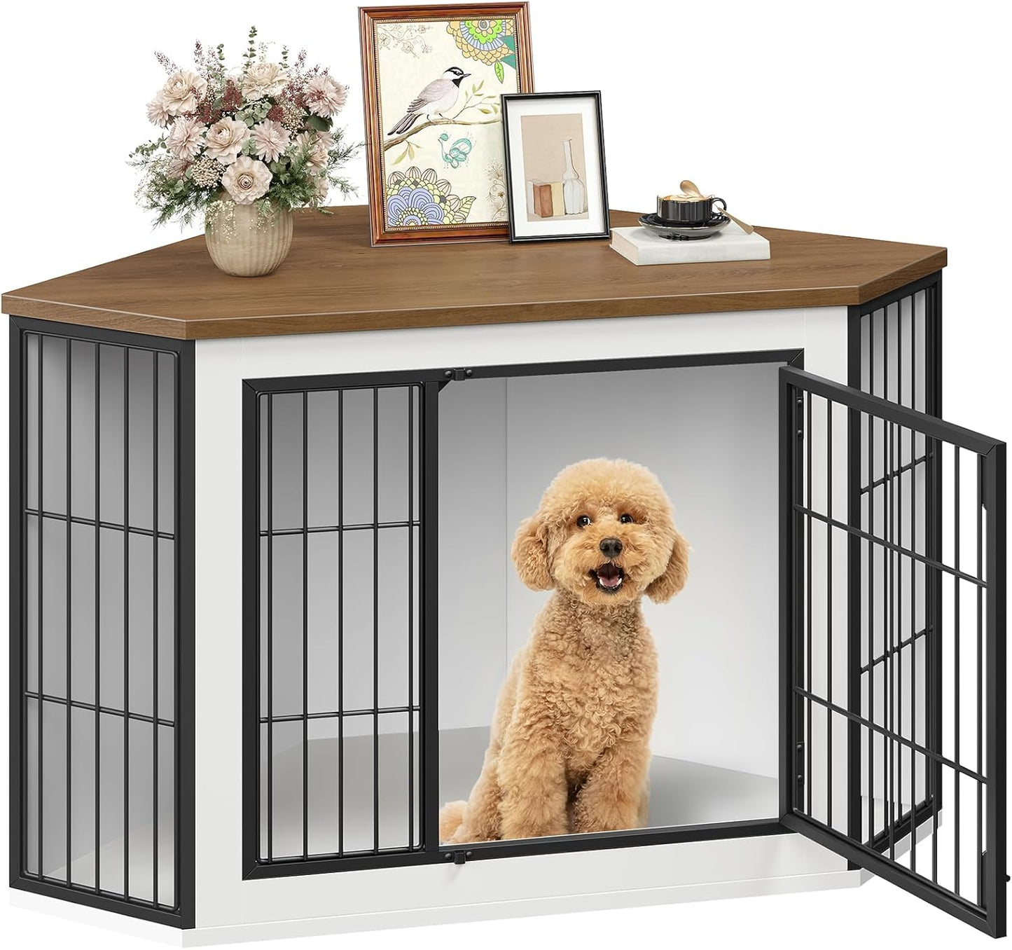 Corner Dog Crate Furniture, Decorative Dog Kennel End Table, Farmhouse Dog Crate TV Stand for Small and Medium Dogs, Walnut, White and Black BWH90GW03