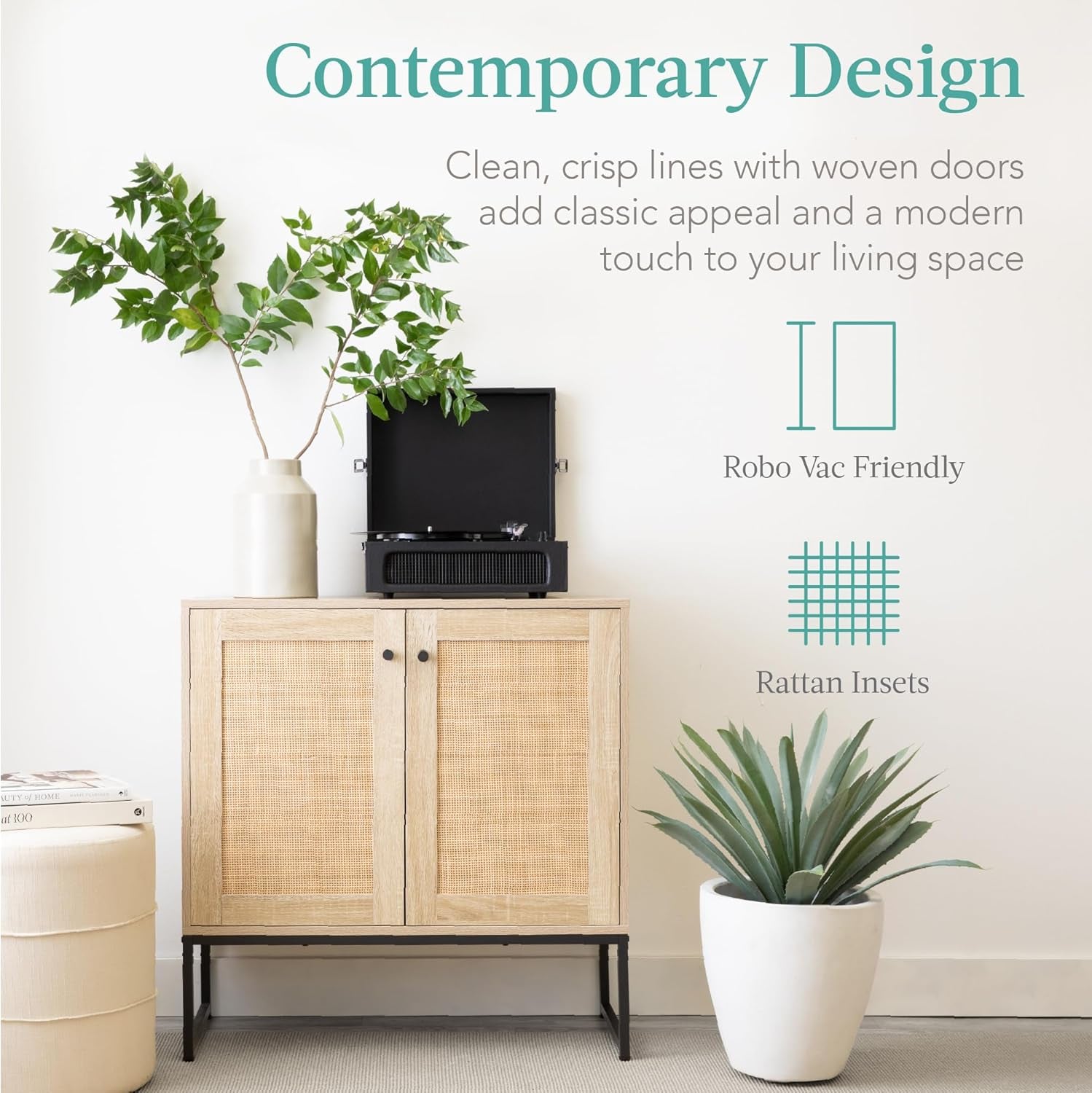 2-Door Rattan Storage Cabinet, Accent Furniture, Multifunctional Cupboard for Living Room, Hallway, Kitchen, Sideboard, Buffet Table W/Non-Scratch Foot Pads - Natural