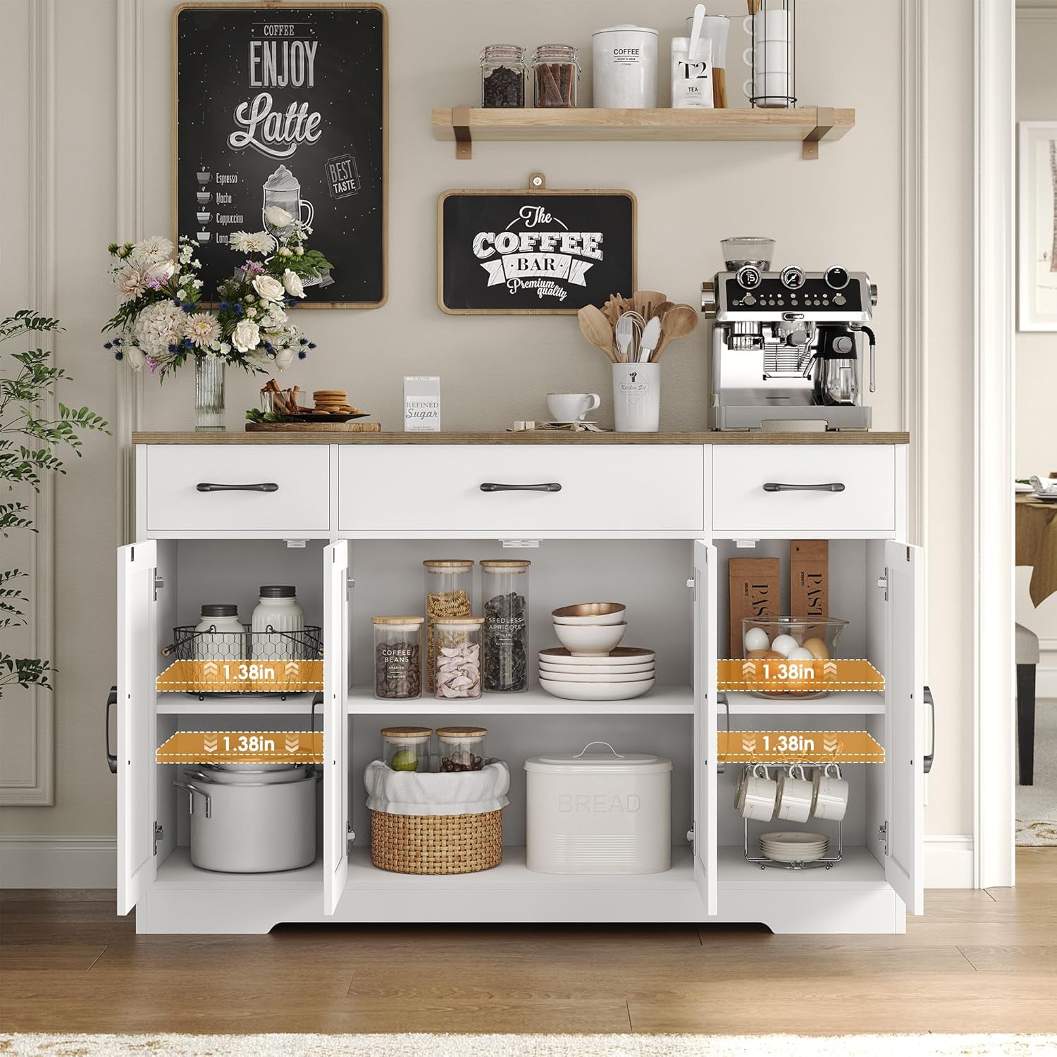 Buffet Cabinet with Drawers, 55" Large Sideboard Buffet Storage Cabinet with Shelves and Doors, Modern Farmhouse Coffee Bar Station Wood Kitchen Table for Kitchen, Dining Room, White/Rustic
