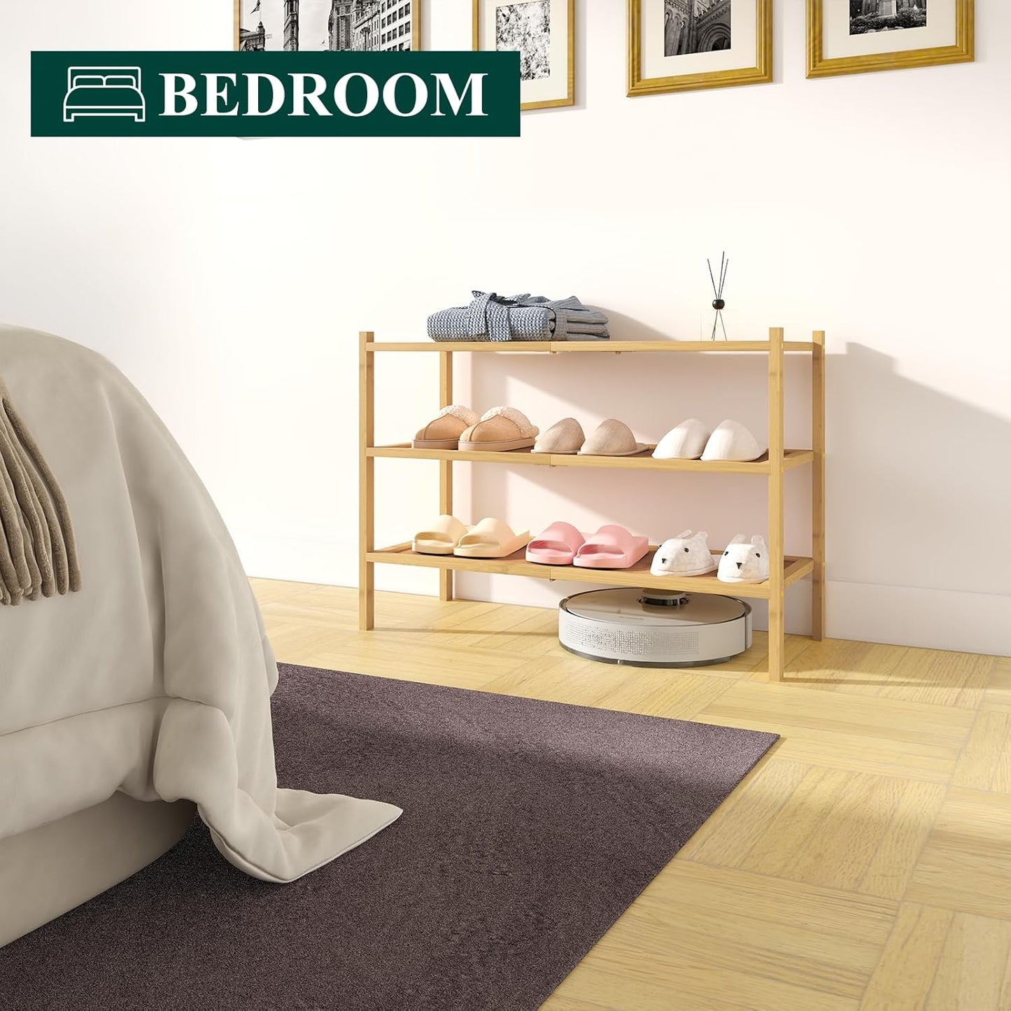 Bamboo Shoe Rack, 3 Tier Shoe Organizer for Entryway & Closet, Stackable Free Standing Storage Shelf for Shoes, Bags & Plants, Natural