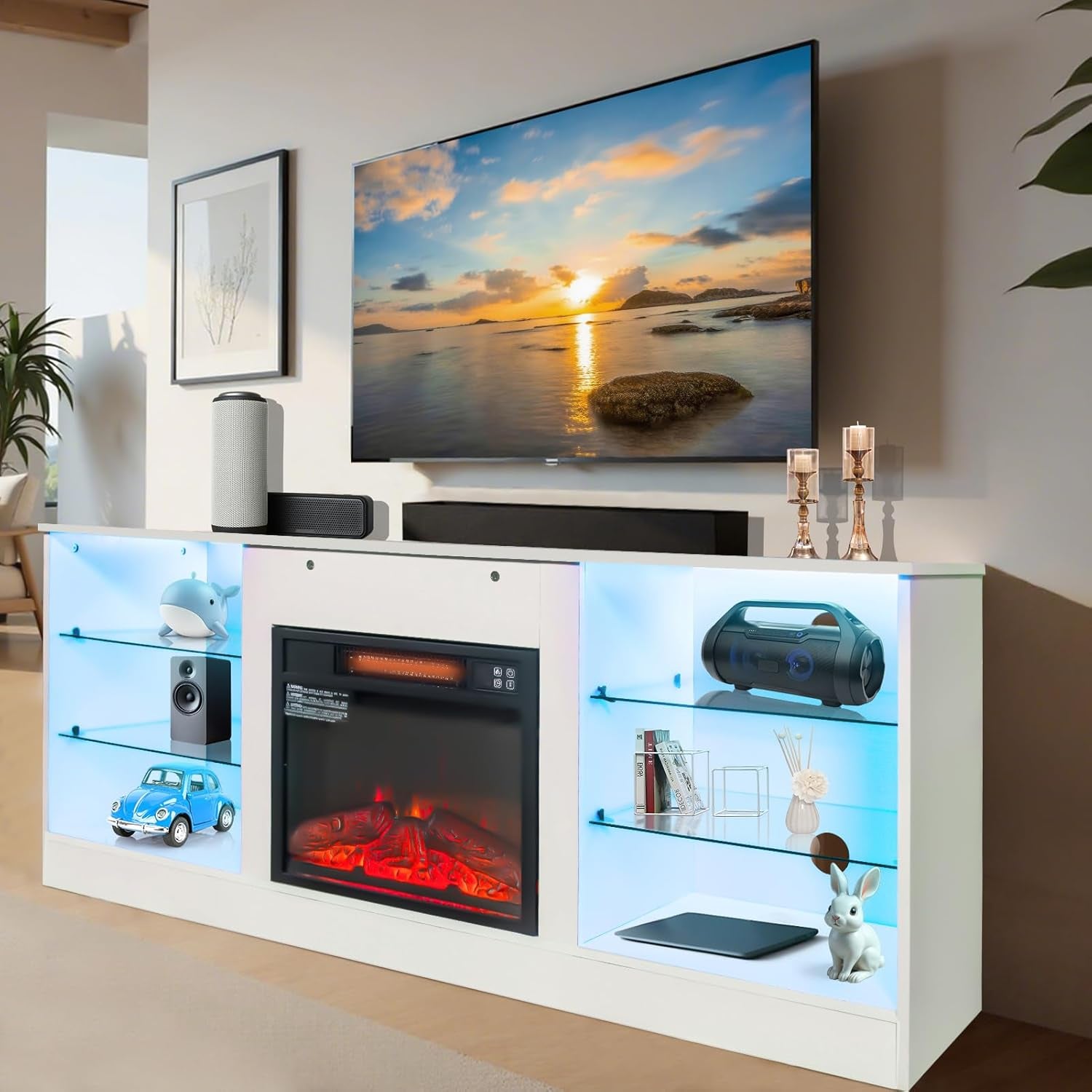 Fireplace TV Stand with LED Lights, Modern Entertainment Center with Electric Fireplace for TV up to 65", TV Console Table with Open Storage Shelves for Living Room Bedroom (White)