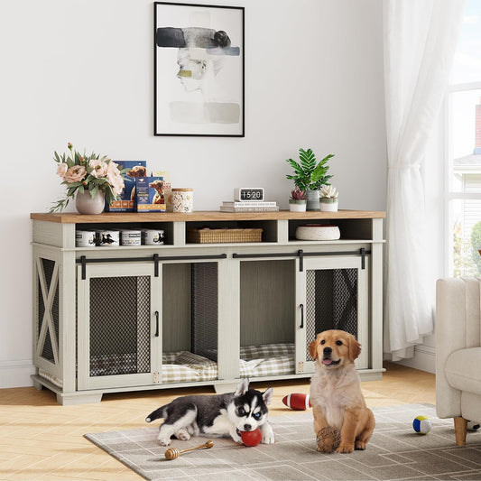71" Extra Large Dog Crate Furniture, Wooden Double Dog Crates Kennel Cage,Furniture Style Tv Stand Side End Table for 2 Dogs with Removable Divider for Large Dogs,3 Storage,White/Light Oak