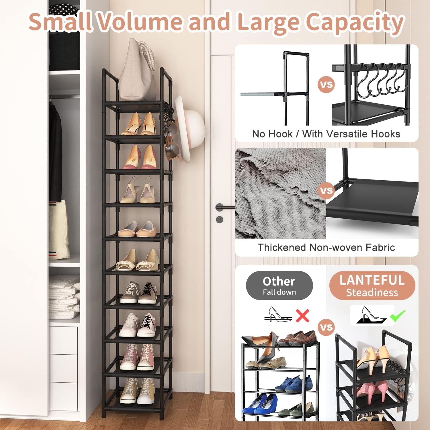 Tall Narrow Shoe Rack for Entryway, 10-Tier Sturdy Metal Shoe Shelf Storage 10-15 Pairs of Shoes and Boots, Space Saving Corner Shoe Rack Organizer for Closet,Doorway,Garage,Living Room