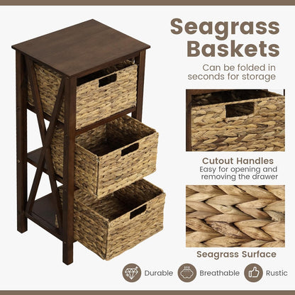 Nightstand Set of 2 with 3 Wicker Storage Baskets, Sofa Side Table with Rubber Wood X-Shaped Frames & Acacia Wood Legs, Bedside Table, End Table for Bedroom, Small Space