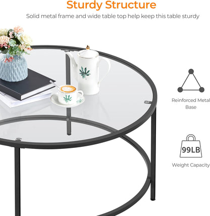 36" round Glass Coffee Table, Black Circle Coffee Table Center Table with Glass Top, Small Coffee Table for Living Room, Office & Apartment