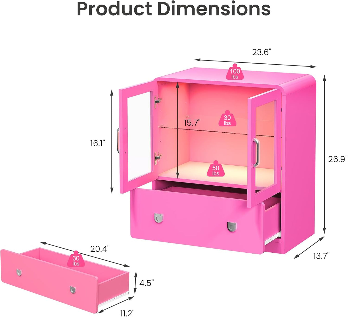 Pink Display Cabinet with Acrylic Doors, 27'' Tall Curio Cabinet with LED Lights, Modern Storage Cabinet with Drawers & Adjustable Shelves, Ideal for Living Room, Child'S Room