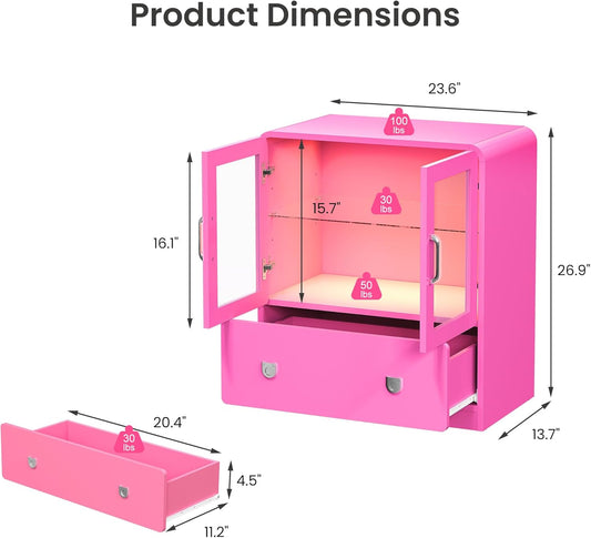 Pink Display Cabinet with Acrylic Doors, 27'' Tall Curio Cabinet with LED Lights, Modern Storage Cabinet with Drawers & Adjustable Shelves, Ideal for Living Room, Child'S Room