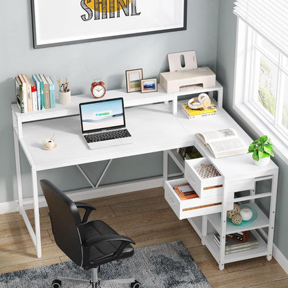 55-Inches Reversible L Shaped Desk with Drawer, Modern White L Corner Desk Home Office Table with Storage Shelves and Monitor Stand, Wooden and Metal PC Desk for Small Space