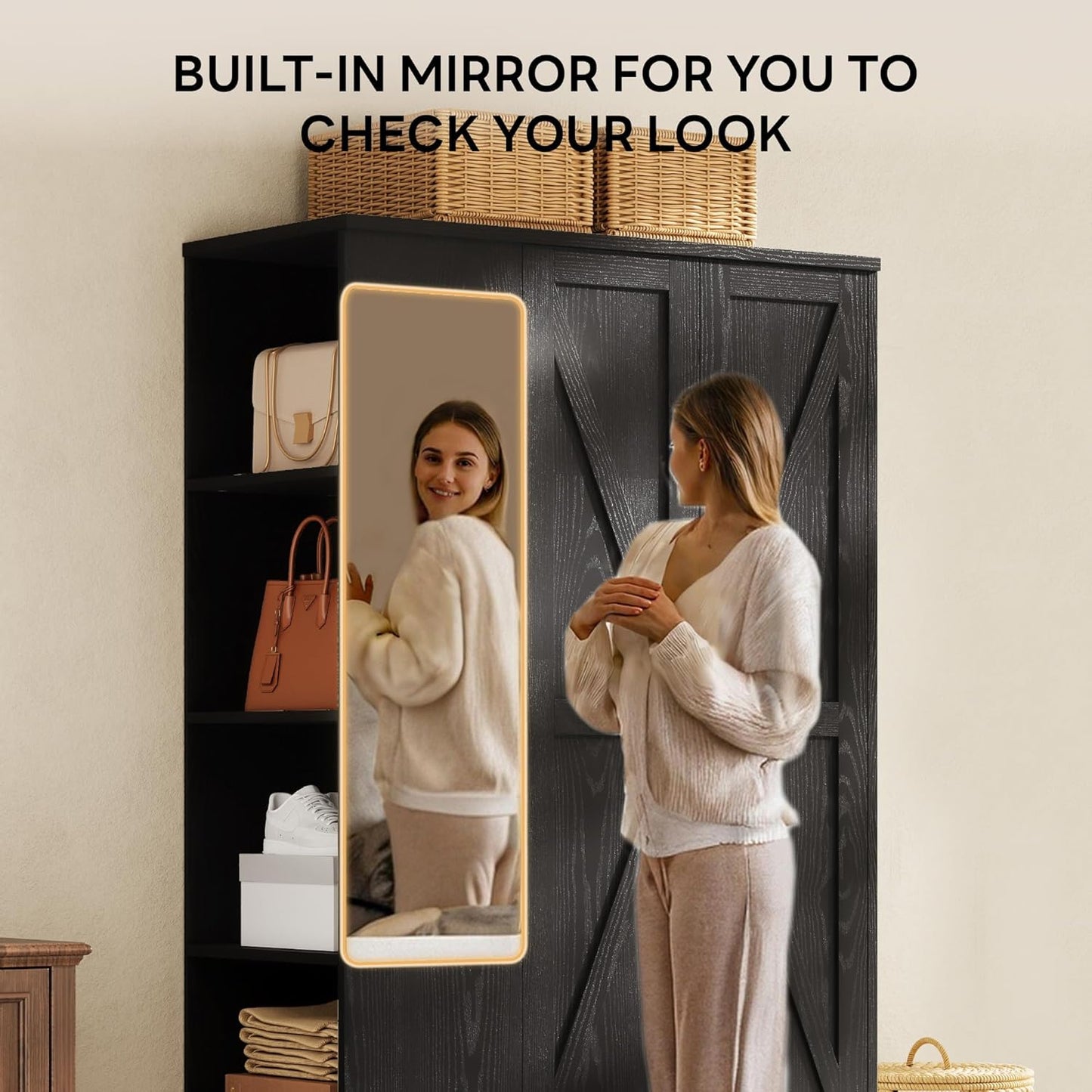 Armoire Wardrobe Closet 70 Inches, Large Storage with Mirror, 2 Doors, Drawer, and Shelves, Modern Bedroom Freestanding Wooden Wardrobe Combination with Hanging Rail, Black