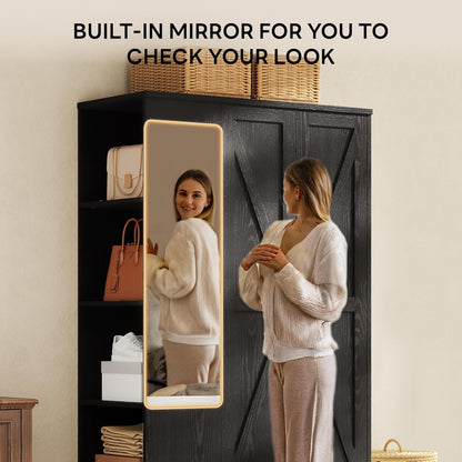 Armoire Wardrobe Closet 70 Inches, Large Storage with Mirror, 2 Doors, Drawer, and Shelves, Modern Bedroom Freestanding Wooden Wardrobe Combination with Hanging Rail, Black