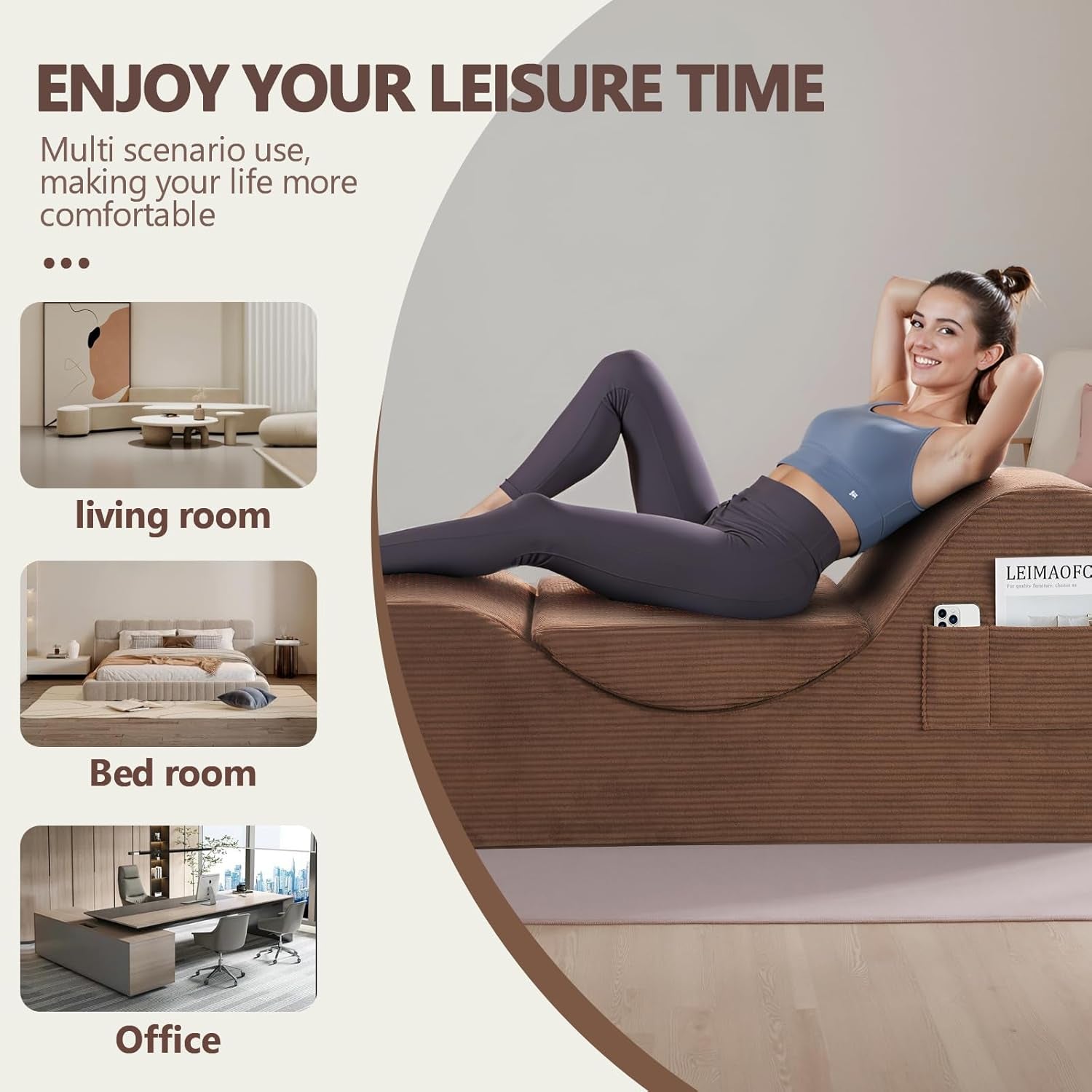 Yoga Chair Lounge for Adult, Ergonomic Chaise Lounge Chair with Side Pocket, Headrest, Waist Pad, Perfect for Stretching, Massage, and Relaxation, Used in Living Room, Bedroom（Brown）