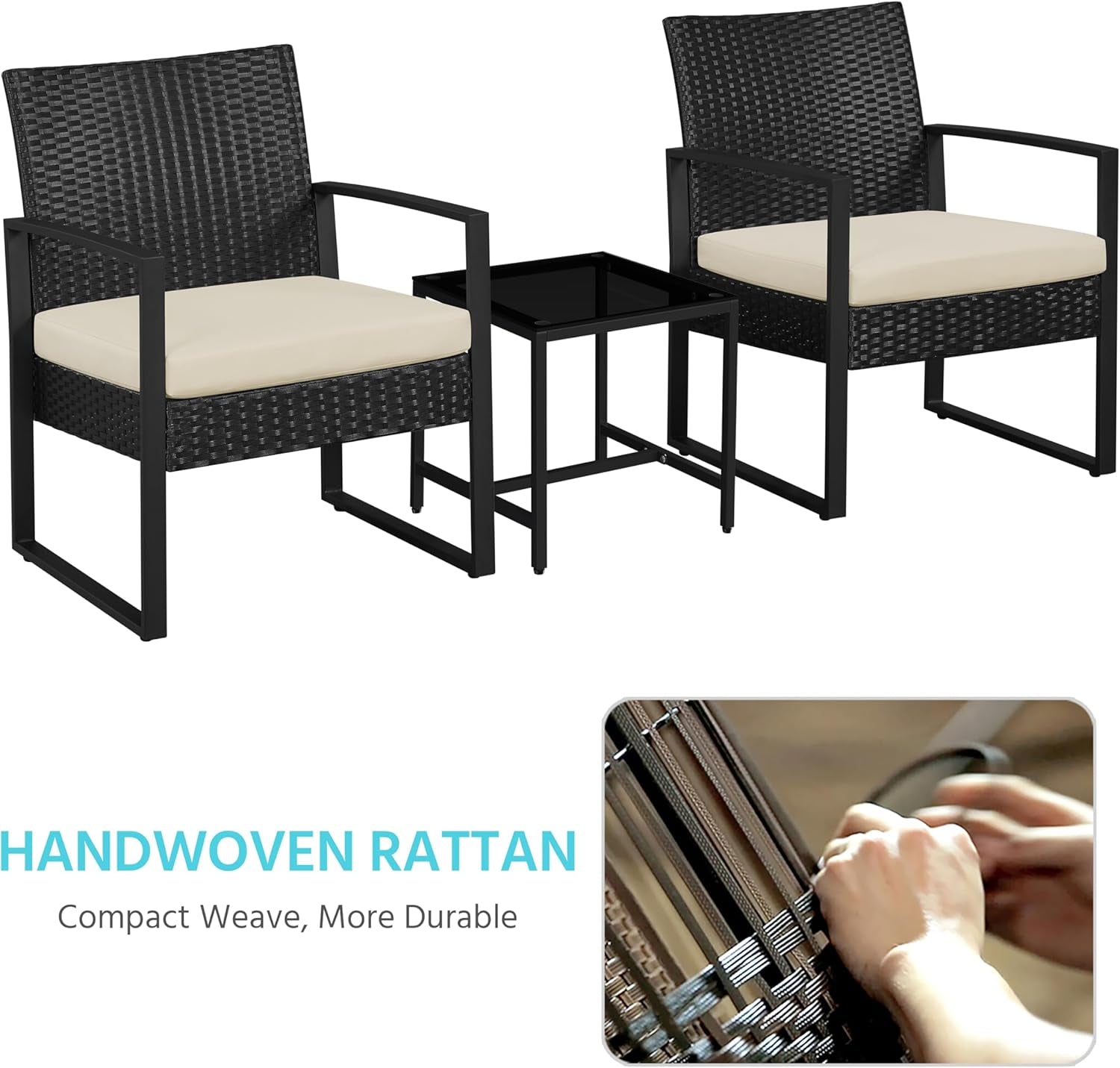 3 Pieces Rattan Bistro Set, Outdoor Wicker Patio Modern Conversation Furniture, 2 Chairs & Tempered Glass Coffee Table for Garden, Balcony, Backyard, Poolside, Black/Beige