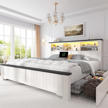 King Size Bed Frame and Headboard & Storage, 4 Drawers and LED Built in Charging Station King Bed Frame with Storage Farmhouse,No Noise,No Box Spring Needed,White