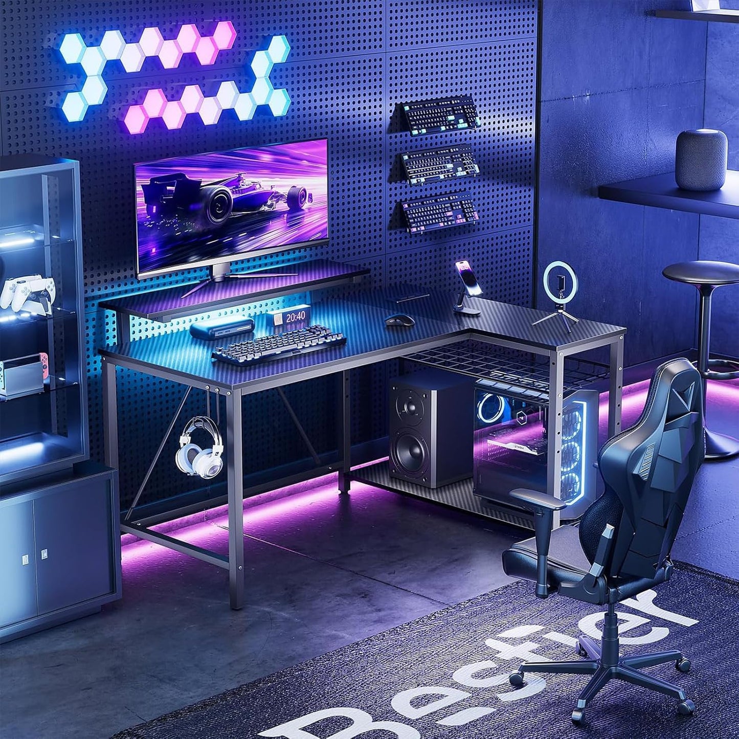 Gaming Desk with Power Outlets, 42" L-Shaped Computer Desk with LED Lights, Desk with Reversible Storage Shelves & Hooks for Small Spaces, Bedrooms & Offices, Black Carbon Fiber