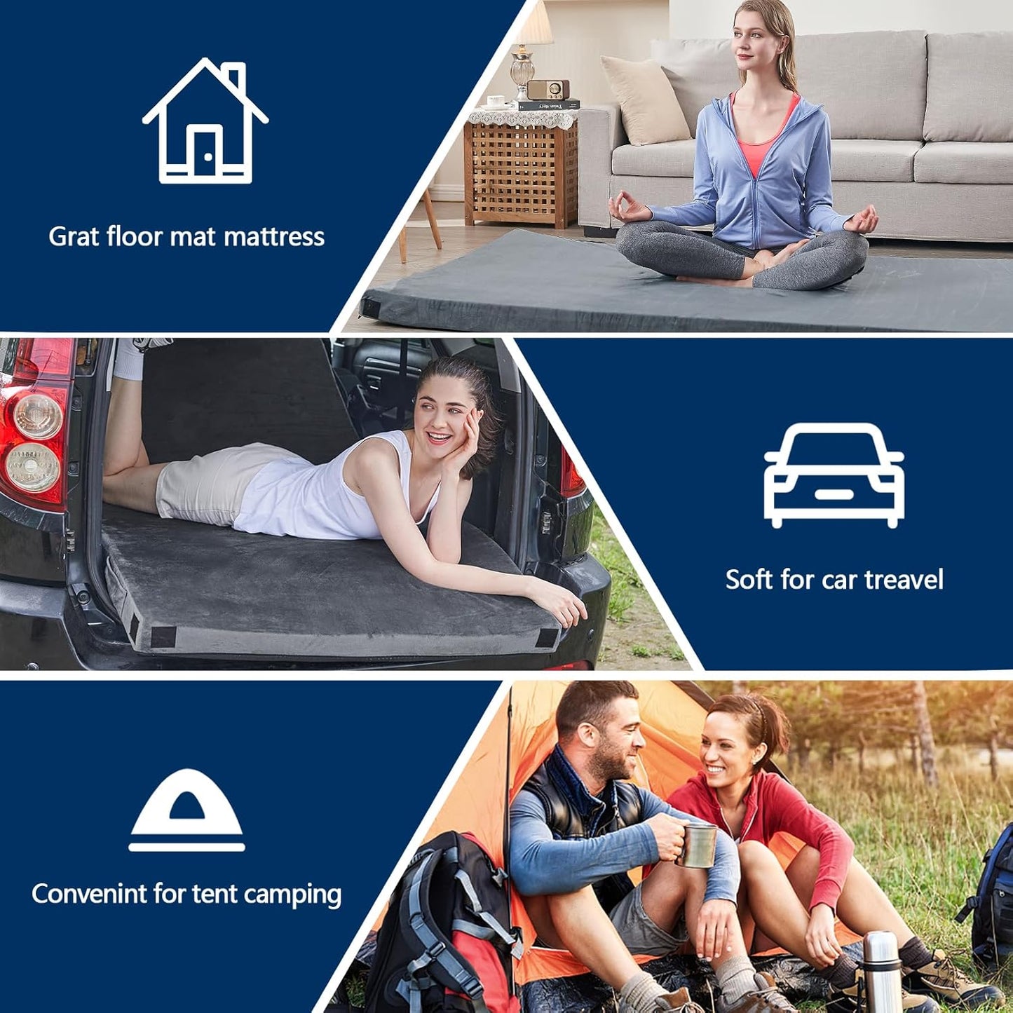 Memory Foam Camping Mattress Pad, Certipur-Us Sleeping Mat, Portable Roll up Mattress for Adults, Camping Bed Pads for Sleepover, Car Bed with Travel Bag