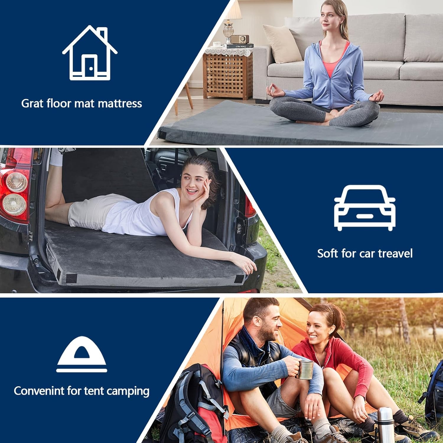 Memory Foam Camping Mattress Pad, Certipur-Us Sleeping Mat, Portable Roll up Mattress for Adults, Camping Bed Pads for Sleepover, Car Bed with Travel Bag