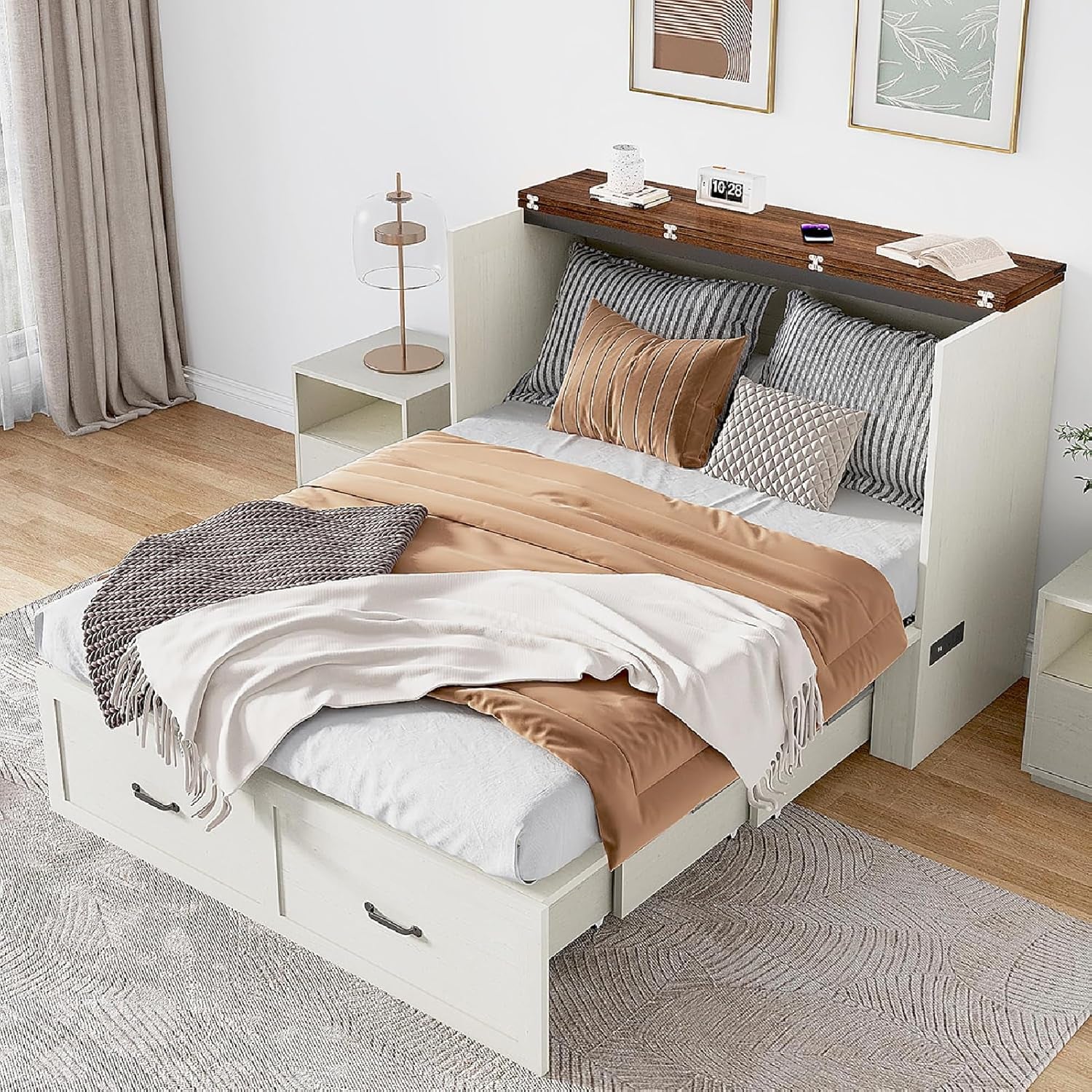 Queen Size Murphy Chest Bed with Drawer and Charging Station, Farmhouse Wood Space-Saving Hidden Folding Bed Chest, Multifunctional Storage Cabinet Beds for Bedroom, Office, Rustic White