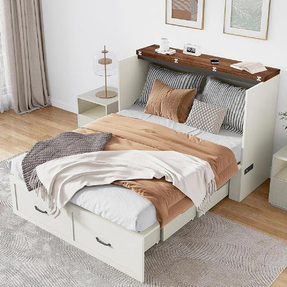 Queen Size Murphy Chest Bed with Drawer and Charging Station, Farmhouse Wood Space-Saving Hidden Folding Bed Chest, Multifunctional Storage Cabinet Beds for Bedroom, Office, Rustic White