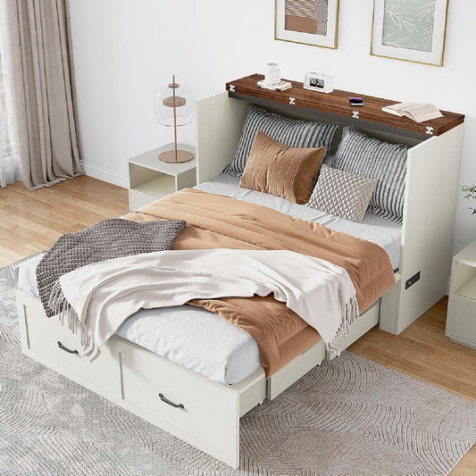Queen Size Murphy Chest Bed with Drawer and Charging Station, Farmhouse Wood Space-Saving Hidden Folding Bed Chest, Multifunctional Storage Cabinet Beds for Bedroom, Office, Rustic White