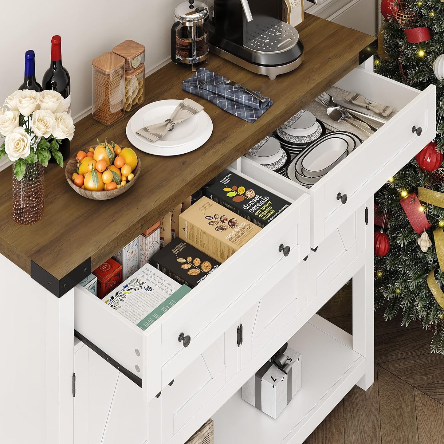 Buffet Sideboard Cabinet with Storage, 47.2" Modern Farmhouse Coffee Bar with 2 Drawers, Barn Doors Console Table with Shelf for Kitchen, Dining Room, Living Room, Entryway (White)