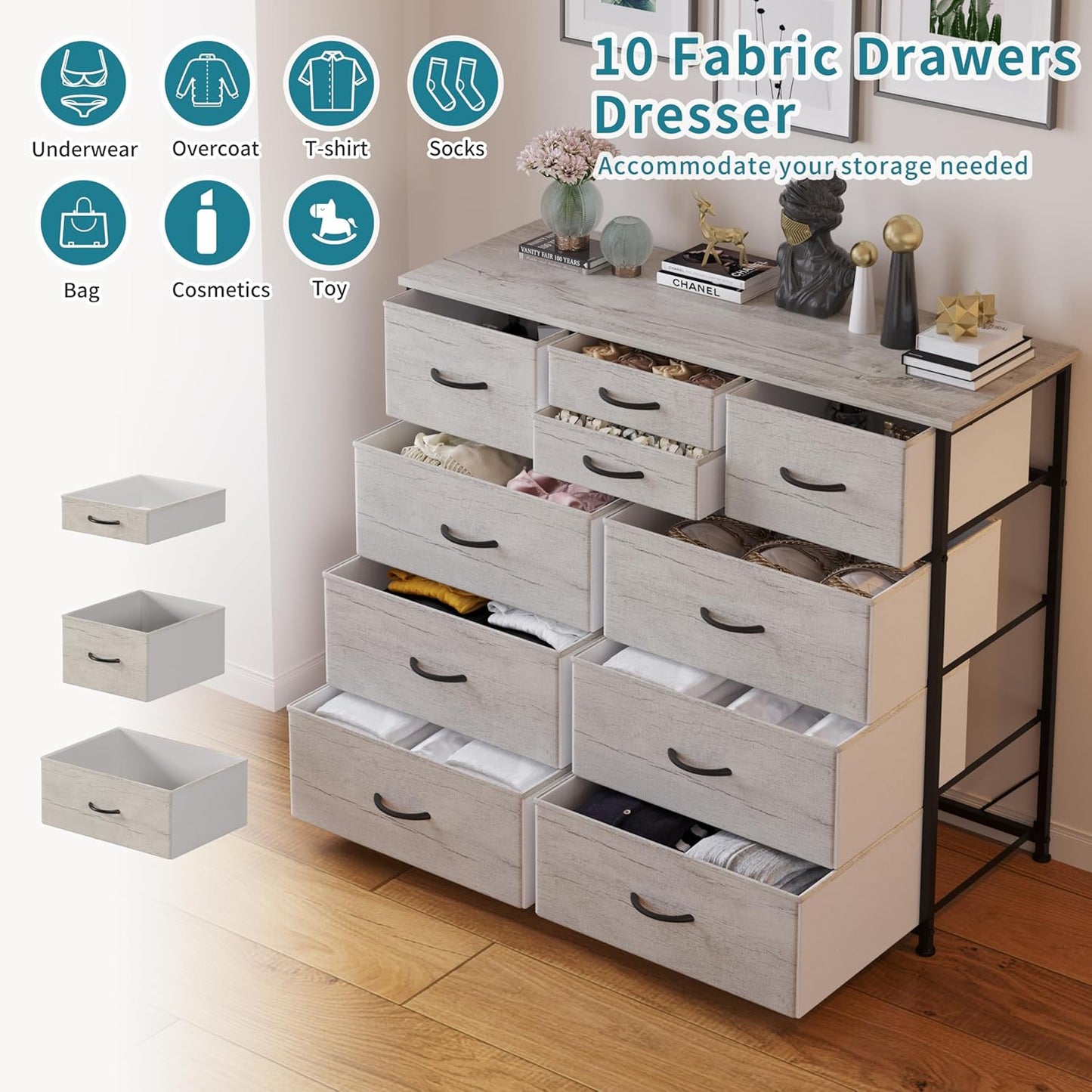 10-Drawer Dresser, Fabric Storage Dresser Drawers for Bedroom, Hallway, Nursery, Closets, Steel Frame, Wood Top, Easy Pull Handle (Greige)