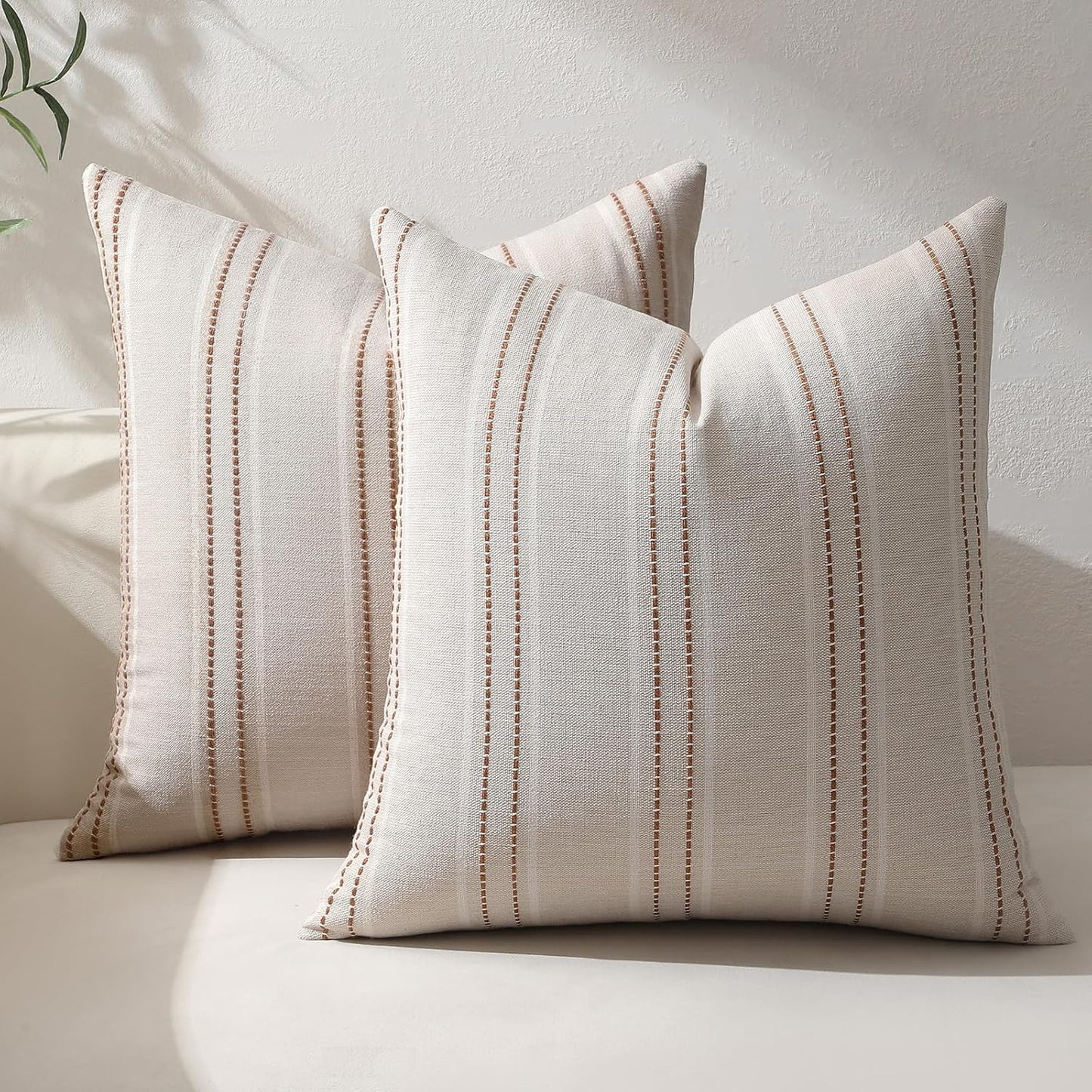 Rust Throw Pillow Covers 20X20 Set of 2 Striped Fall Pillow Covers Textured Linen Decorative Pillows Square Cushion Covers for Sofa Couch Bed Living Room Farmhouse Decor